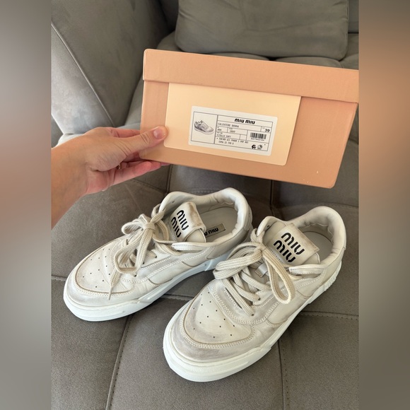 MIU MIU White Bleached Leather Sneakers Women’s Low Top Size US 8 EUR 39 Pre-Own - Picture 13 of 16